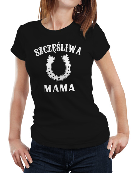 Koszulka dla mamy. Kolor koszulki czarny, napis Szczęśliwa Mama w kolorze białym.