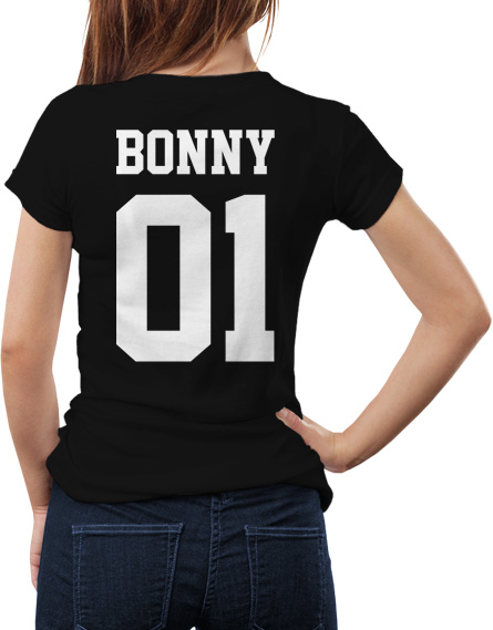 Damska czarna koszulka na walentynki z napisem Bonny 01 z tyłu koszulki.