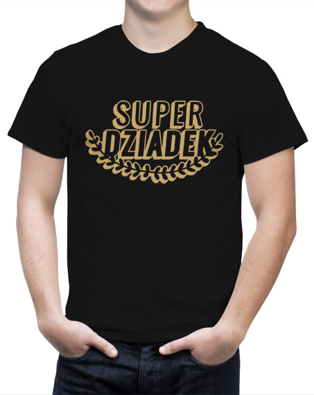 Czarna męska koszulka ze złotym napisem Super Dziadek z przodu. Napis zdobi grafika liści laurowych.