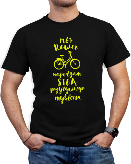 Czarna koszulka z napisem Mój rower napędzam siłą pozytywnego myślenia. Nadruk w kolorze jaskrawożółtym.