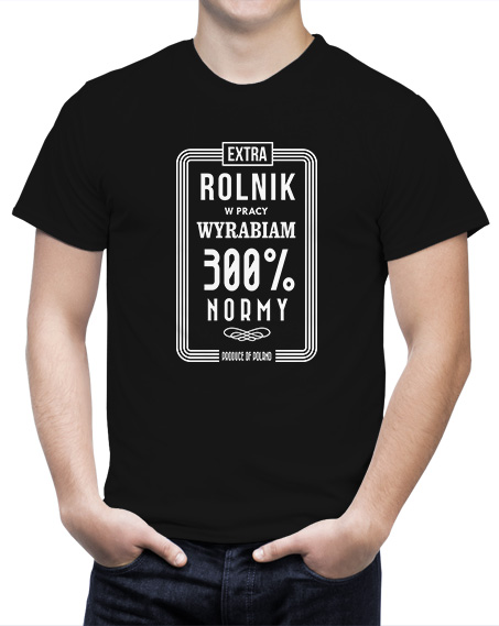 Koszulka z nadrukiem rolnik w pracy wyrabiam 300 % normy PRL. T-shirt czarny.